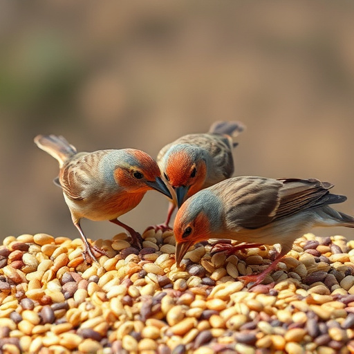 Wild birds pecking at fresh seeds