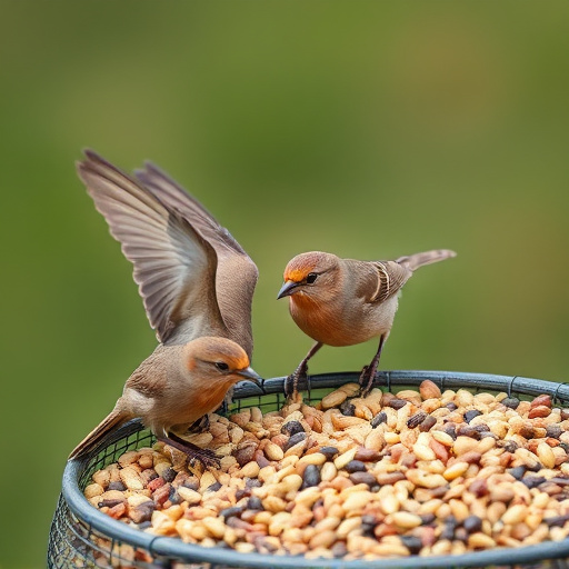 Wild birds pecking at fresh seeds