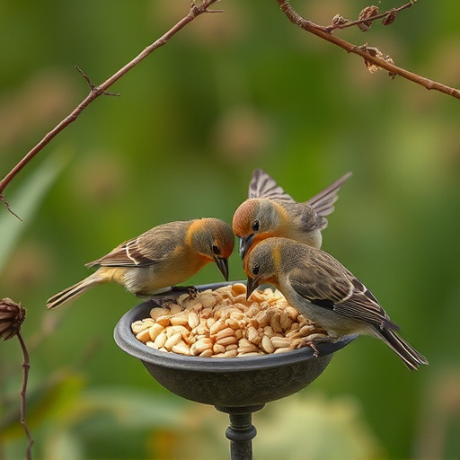Wild birds pecking at fresh seeds