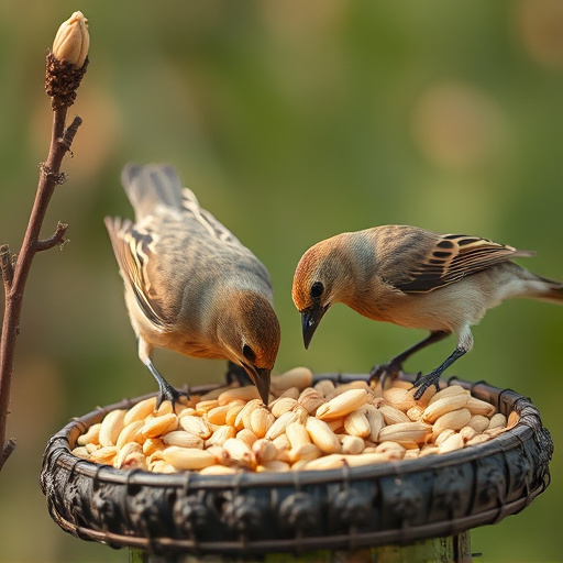Wild birds pecking at fresh seeds