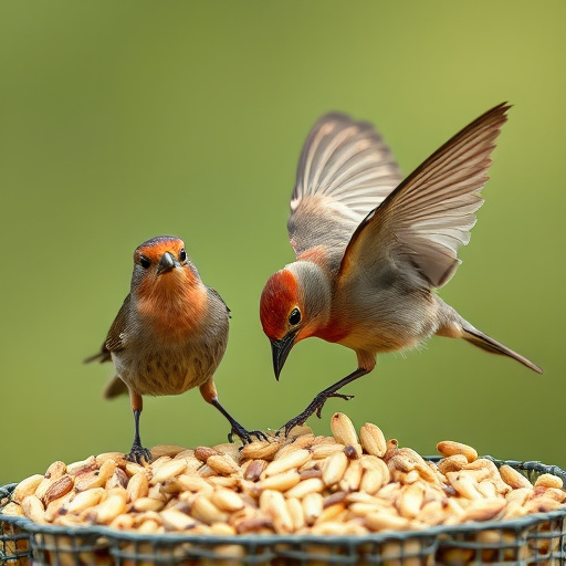 Wild birds pecking at fresh seeds
