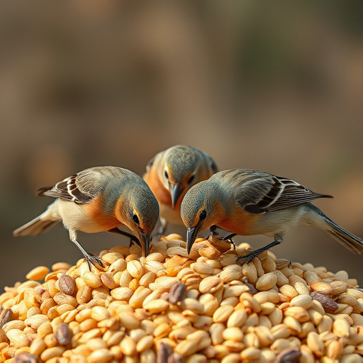 Wild birds pecking at fresh seeds