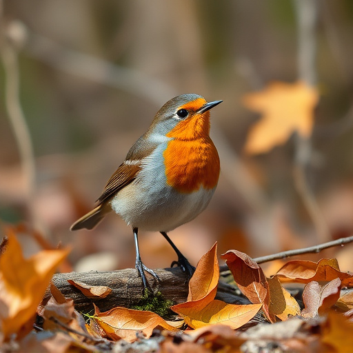 Wild robin in woodland during autumn