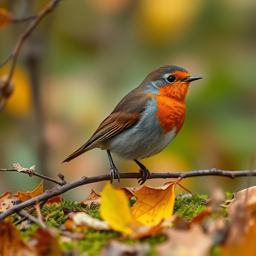 Wild robin in woodland during autumn