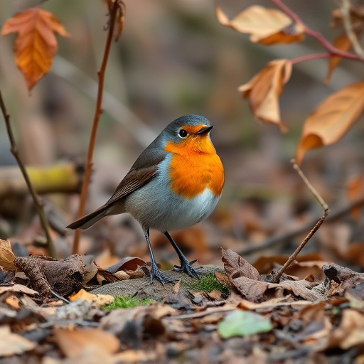 Wild robin in woodland during autumn