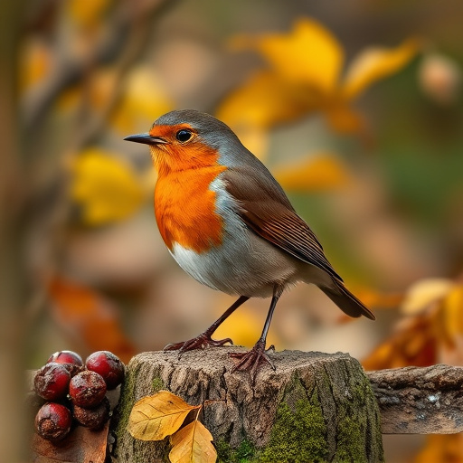 Wild robin in woodland during autumn