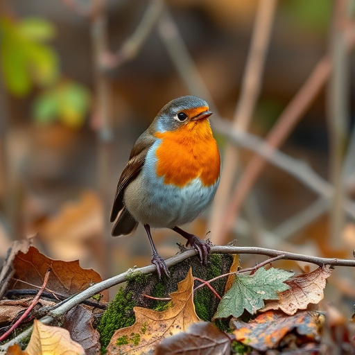 Wild robin in woodland during autumn
