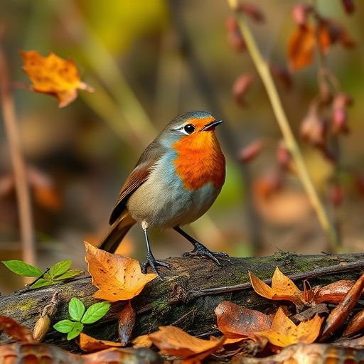 Wild robin in woodland during autumn