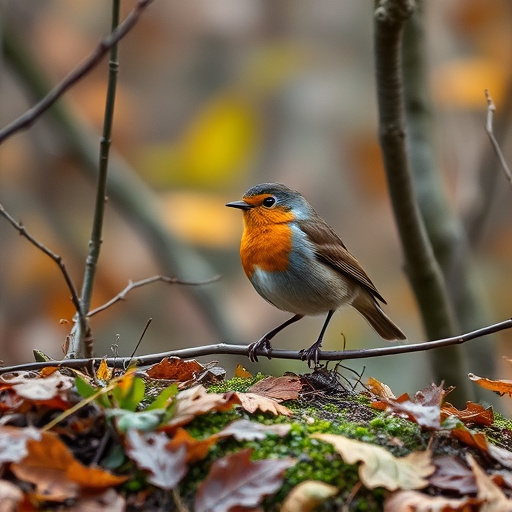 Wild robin in woodland during autumn