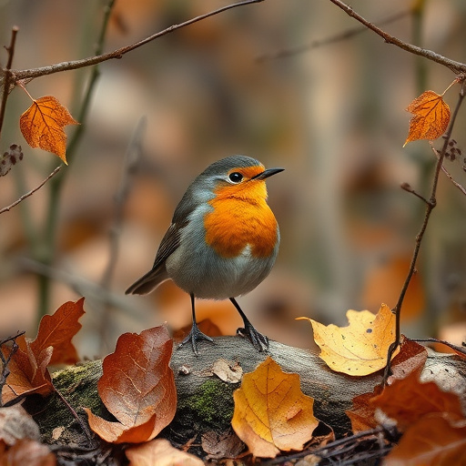 Wild robin in woodland during autumn
