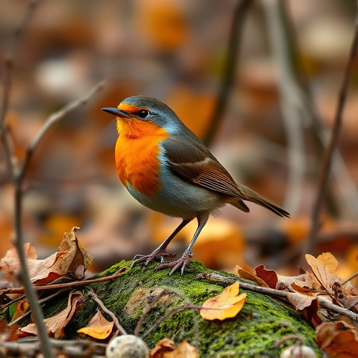 Wild robin in woodland during autumn