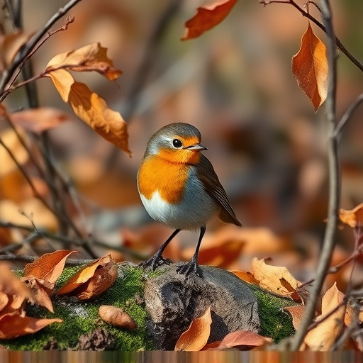 Wild robin in woodland during autumn