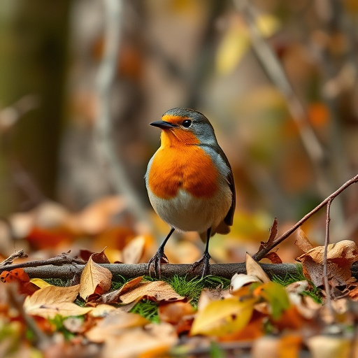Wild robin in woodland during autumn