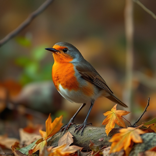 Wild robin in woodland during autumn