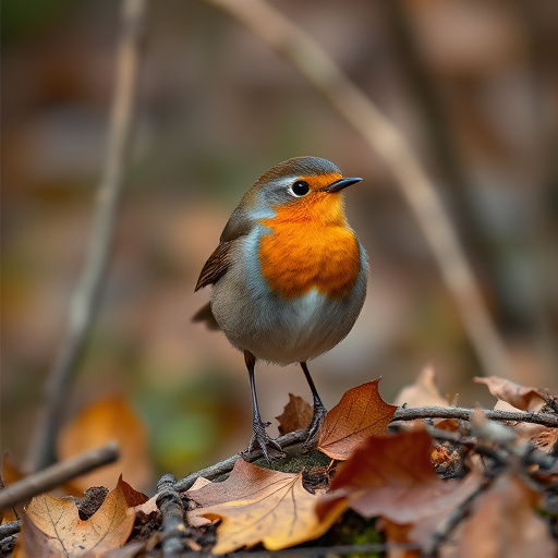 Wild robin in woodland during autumn
