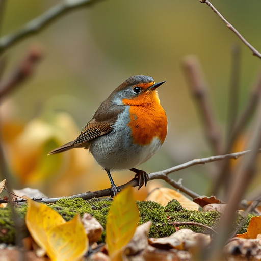 Wild robin in woodland during autumn