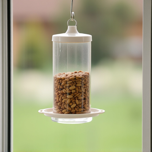 Window feeder filled with seeds outdoors