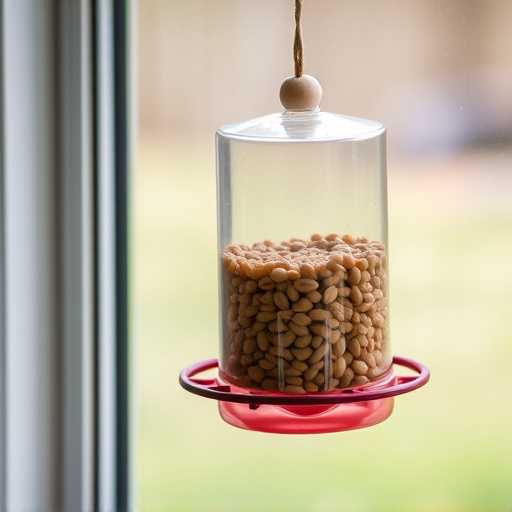 Window feeder filled with seeds outdoors