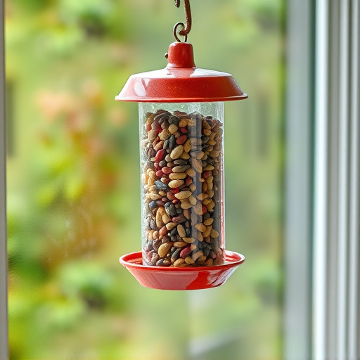 Window feeder filled with seeds outdoors