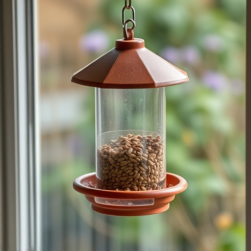 Window feeder filled with seeds outdoors