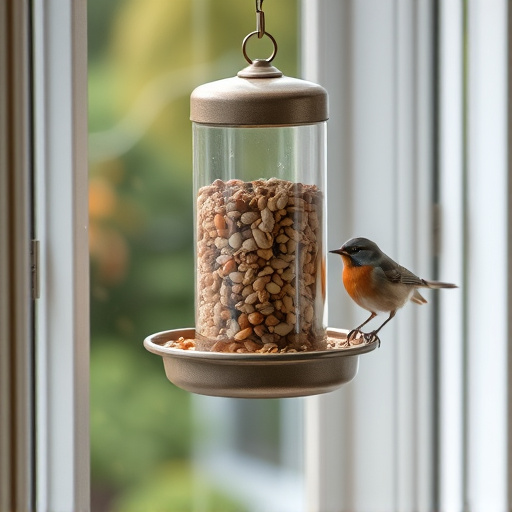 Window feeder filled with seeds outdoors