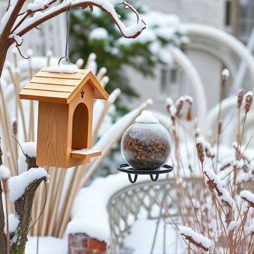 Winter garden scene with fat ball feeder
