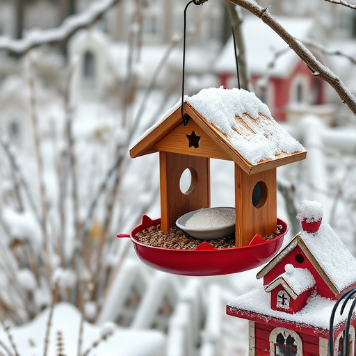 Winter garden scene with fat ball feeder