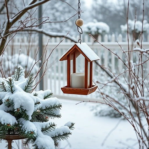 Winter garden scene with fat ball feeder