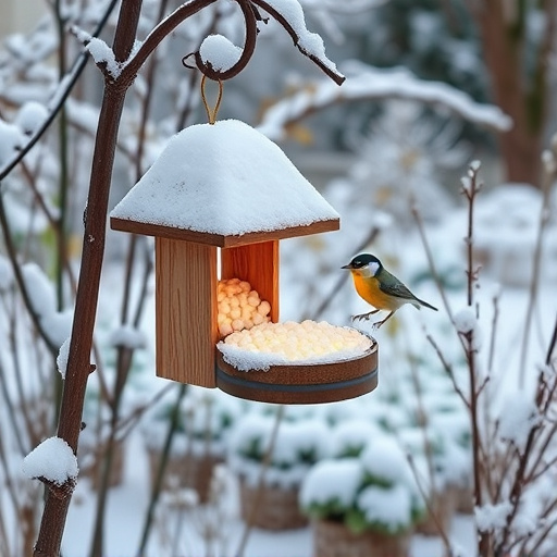 Winter garden scene with fat ball feeder