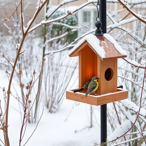 Winter garden scene with fat ball feeder