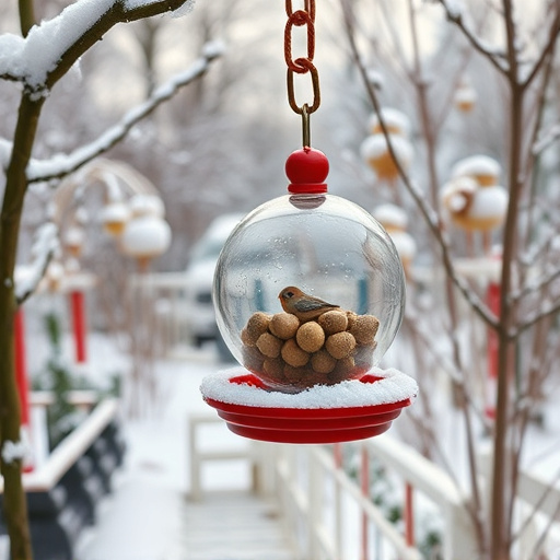 Winter garden scene with fat ball feeder