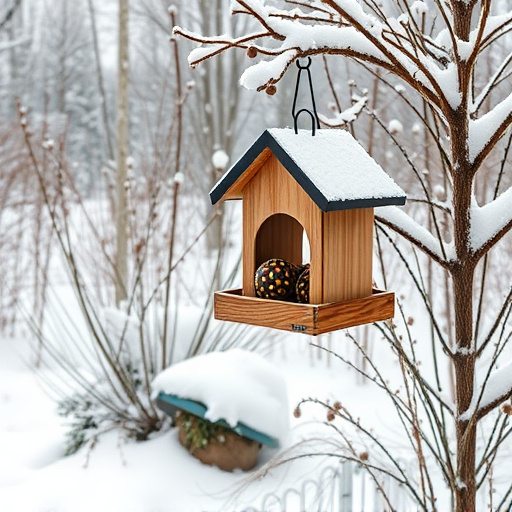 Winter garden scene with fat ball feeder