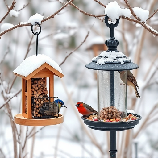 Winter garden scene with suet feeders