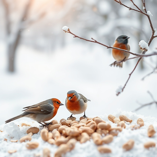 Winter scene with birds feeding peanuts