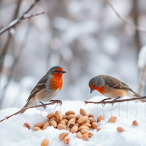 Winter scene with birds feeding peanuts