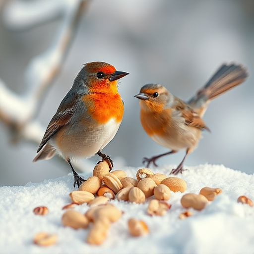 Winter scene with birds feeding peanuts