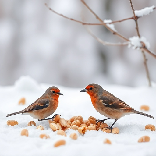Winter scene with birds feeding peanuts