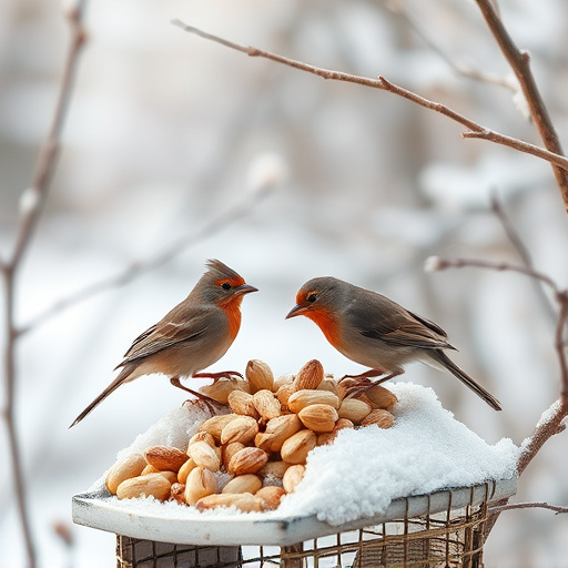 Winter scene with birds feeding peanuts