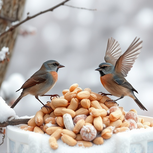 Winter scene with birds feeding peanuts