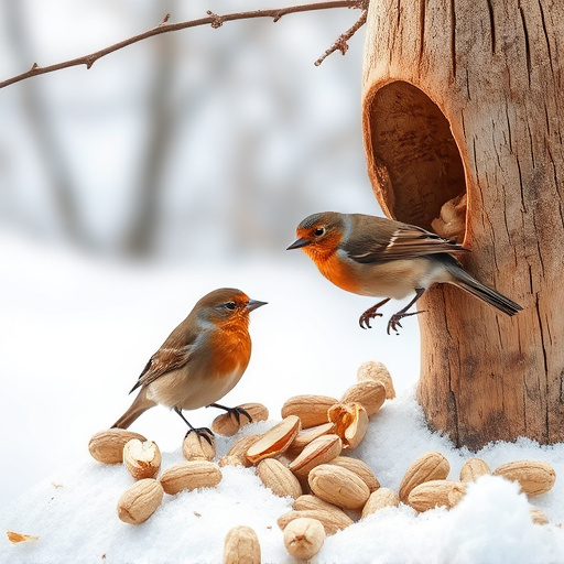 Winter scene with birds feeding peanuts