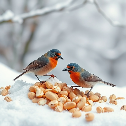 Winter scene with birds feeding peanuts