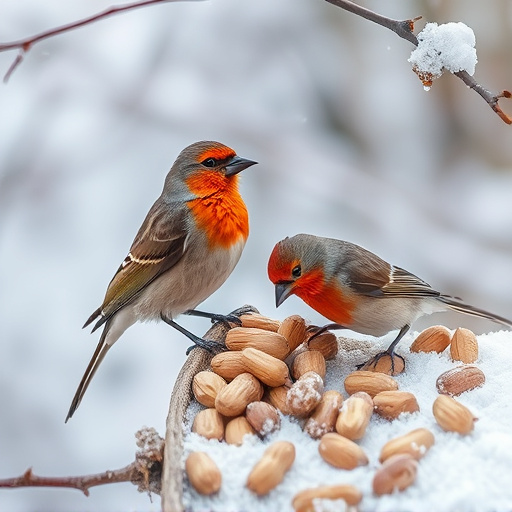 Winter scene with birds feeding peanuts