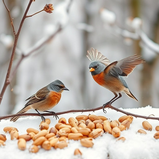 Winter scene with birds feeding peanuts