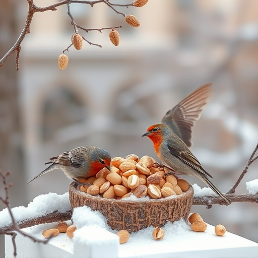 Winter scene with birds feeding peanuts