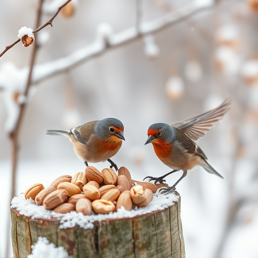 Winter scene with birds feeding peanuts