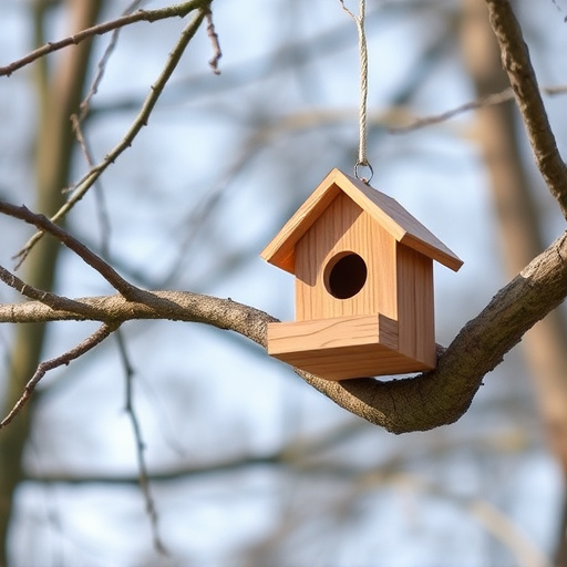 Wooden bird box on tree branch