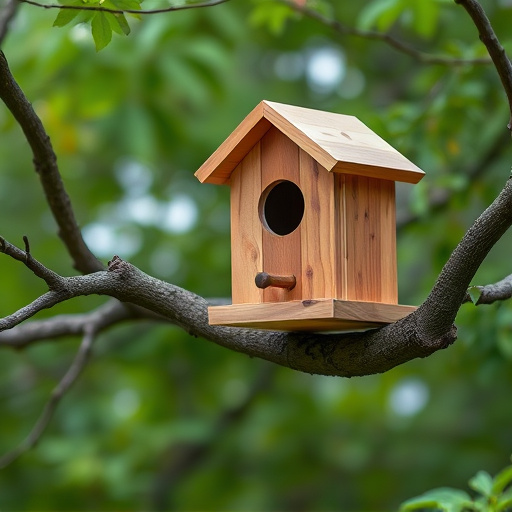 Wooden bird box on tree branch