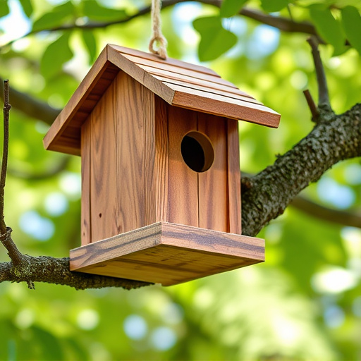 Wooden bird box on tree branch