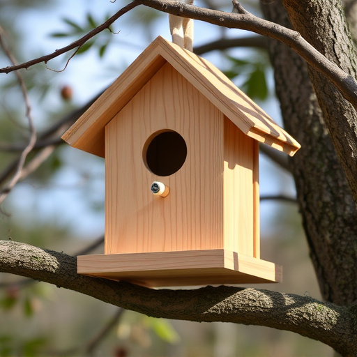 Wooden bird box on tree branch