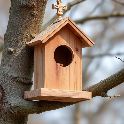 Wooden bird box on tree branch